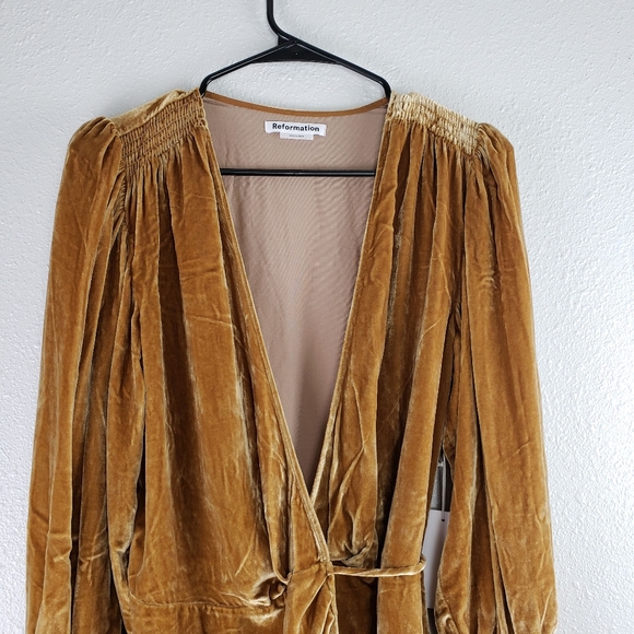 Reformation Boheme Velvet Wrap Dress in Gold, Holiday, Velvet, Party - Picture 5 of 11